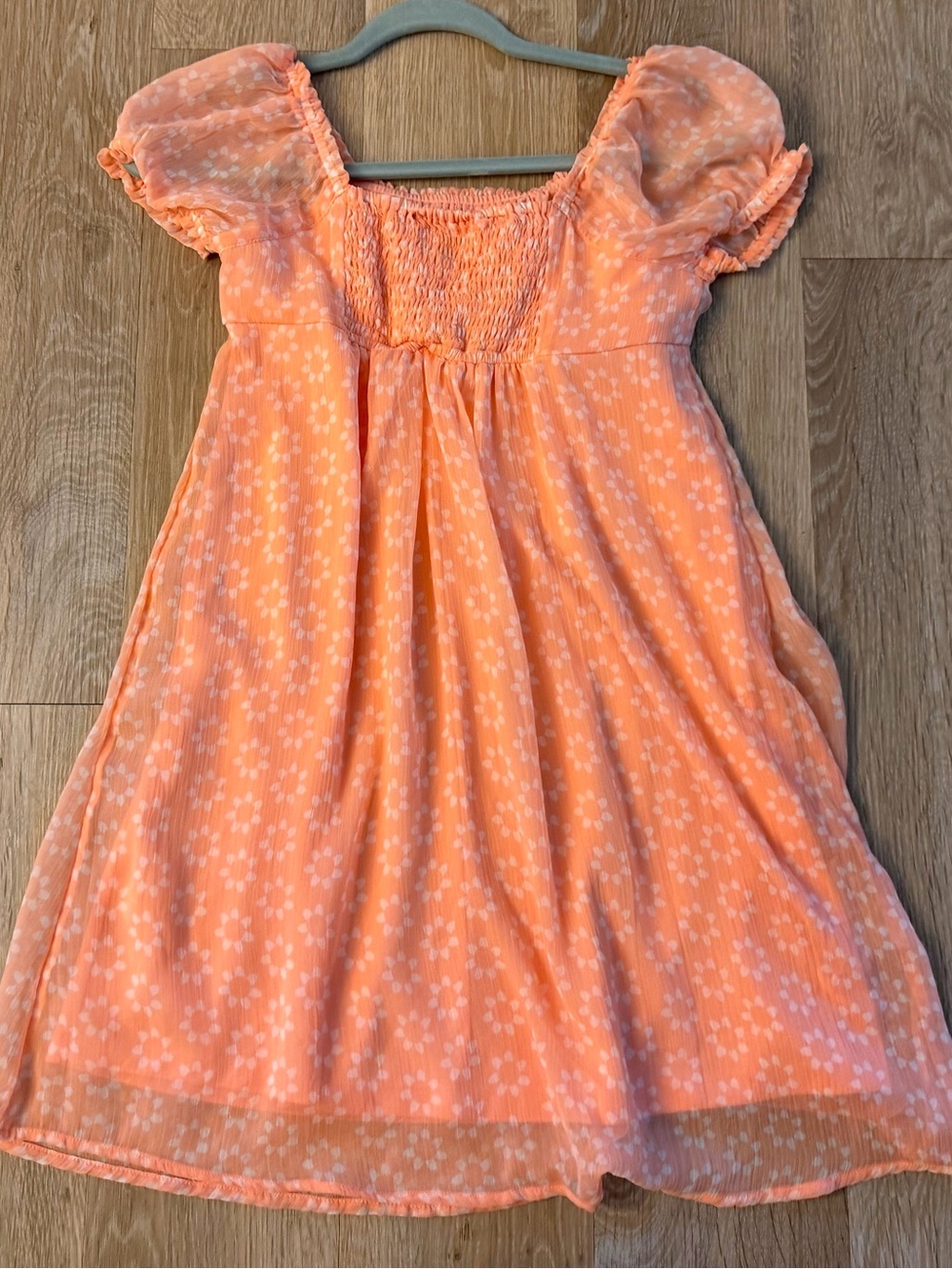 SO Girls Size L (10-12) Peach Floral Puff-Sleeve Lined Dress - Picture 7 of 9